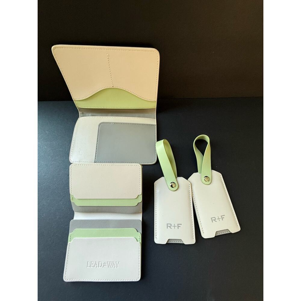 Rodan + Fields Passport Luggage Tags ID Holder Beige Green Travel Set (4) Piece